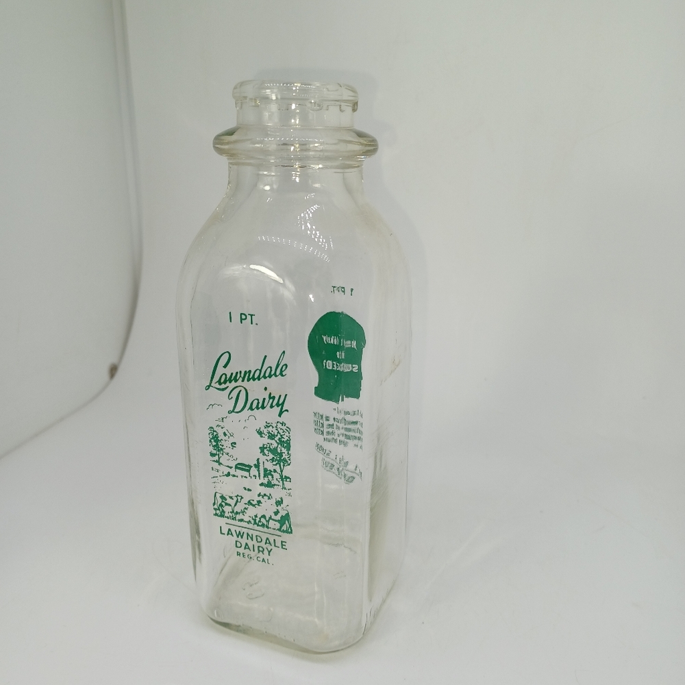 Vintage Lawndale Dairy One Pint Milk Bottle Rare "Dont Be A School Dropout"